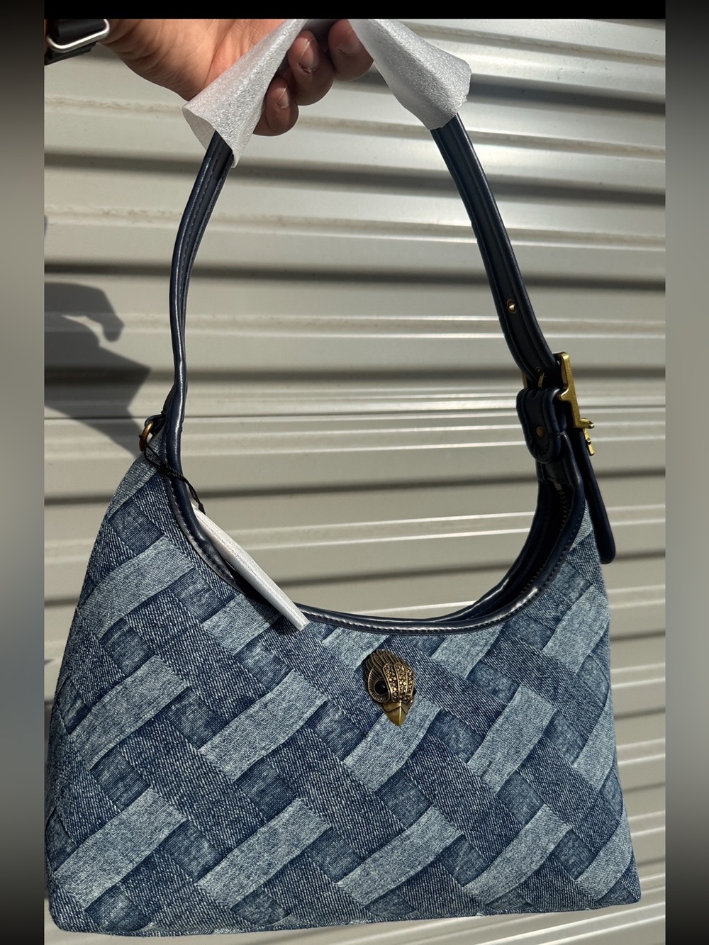 New Kurt Geiger London Denim top zip adjustable leather shoulder strap limited